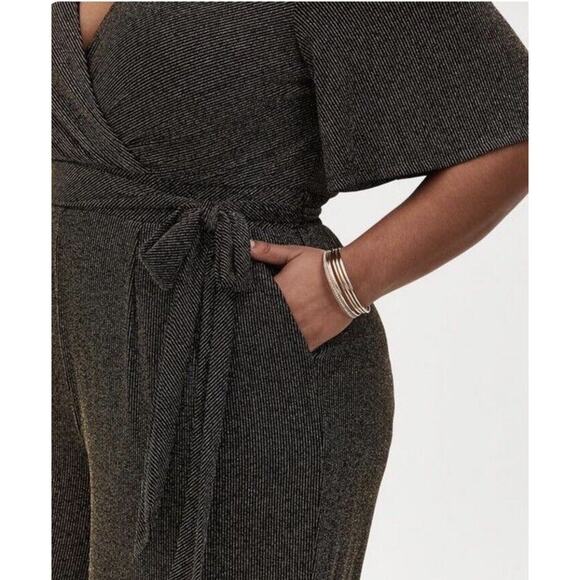 Torrid Shimmer Surplice Neck Wide Leg Jumpsuit Black Gold 4X Tie Waist Pockets - Picture 3 of 14